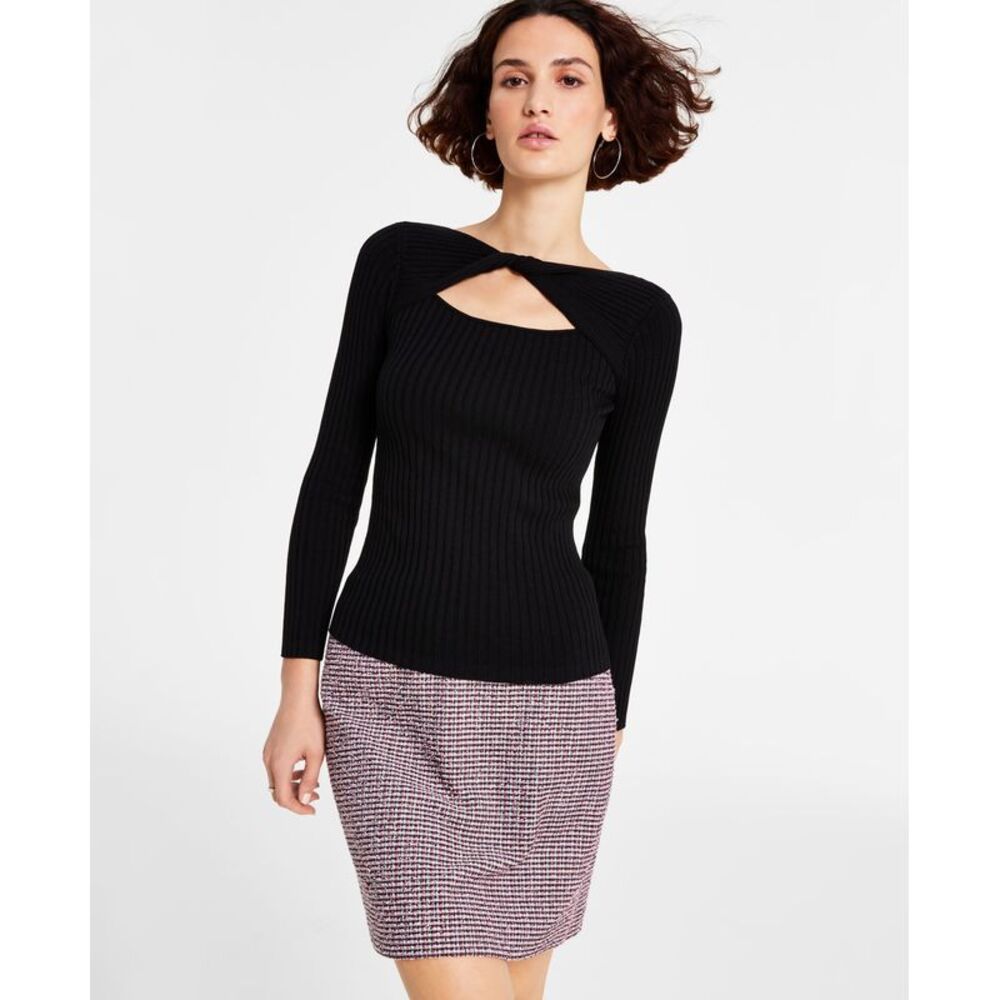 BAR III Women's Ribbed Twist-Front Cutout Long-Sleeve Sweater